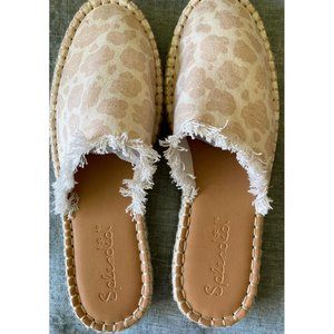 Splendid Beige Tan Leopard Print Jessica Women's Fringed Slides Sandals 8.5M 8.5